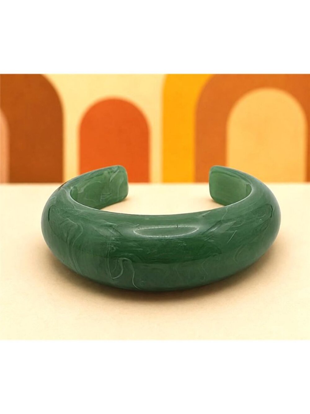 Green Marbled Lucite Faux Jade Chunky Open Cuff Bracelet 6.5 In Mod Vintage